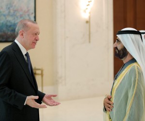 epa09758503 A handout photo made available by the Turkish President Press Office shows Ruler of Dubai and UAE Prime Minister Mohammed bin Rashid Al Maktoum (R) and Turkish President Recep Tayyip Erdogan (L) during their meeting in Dubai, United Arab Emirates, 15 February 2022. Turkish President Erdogan is in the UAE  for a two-days official visit, during which he will also attend the Dubai Expo.  EPA/TURKISH PRESIDENT PRESS OFFICE HANDOUT  HANDOUT EDITORIAL USE ONLY/NO SALES