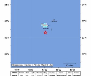 epa09760862 A handout shakemap made available by the United States Geological Survey (USGS) shows the location of a 4.8-magnitude earthquake hitting south of Funchal, Madeira, Portugal, 16 February 2022. The epicenter of the earthquake was recorded at a depth of 10 kilometres, the USGS said.  EPA/USGS HANDOUT  HANDOUT EDITORIAL USE ONLY/NO SALES