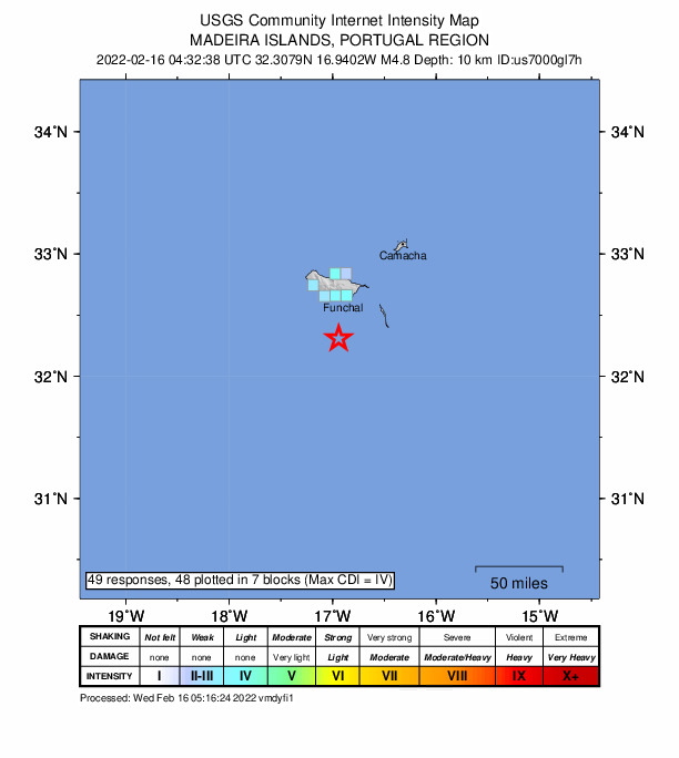 epa09760862 A handout shakemap made available by the United States Geological Survey (USGS) shows the location of a 4.8-magnitude earthquake hitting south of Funchal, Madeira, Portugal, 16 February 2022. The epicenter of the earthquake was recorded at a depth of 10 kilometres, the USGS said.  EPA/USGS HANDOUT  HANDOUT EDITORIAL USE ONLY/NO SALES