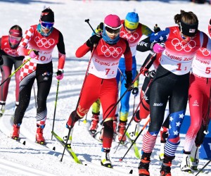 epa09761108 Athletes compete in the Women's Team Sprint semifinals at the Zhangjiakou National Cross-Country Skiing Centre at the Beijing 2022 Olympic Games, Zhangjiakou, China, 16 February 2022.  EPA/VASSIL DONEV