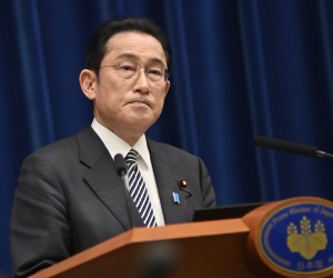 epa09765453 Japanese Prime Minister Fumio Kishida holds a press conference in Tokyo, Japan, 17 February 2022, to explain about the government's plan to ease the country's border control measures put in place to prevent the spread of the coronavirus disease (COVID-19) pandemic.  EPA/DAVID MAREUIL / POOL