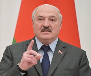 epa09769818 Belarusian President Alexander Lukashenko speaks during a joint press conference with Russian President Vladimir Putin (not pictured)  following their talks at the Kremlin in Moscow, Russia, 18 February 2022. Belarusian President is on a working visit to Moscow.  EPA/SERGEY GUNEEV / SPUTNIK / KREMLIN POOL MANDATORY CREDIT