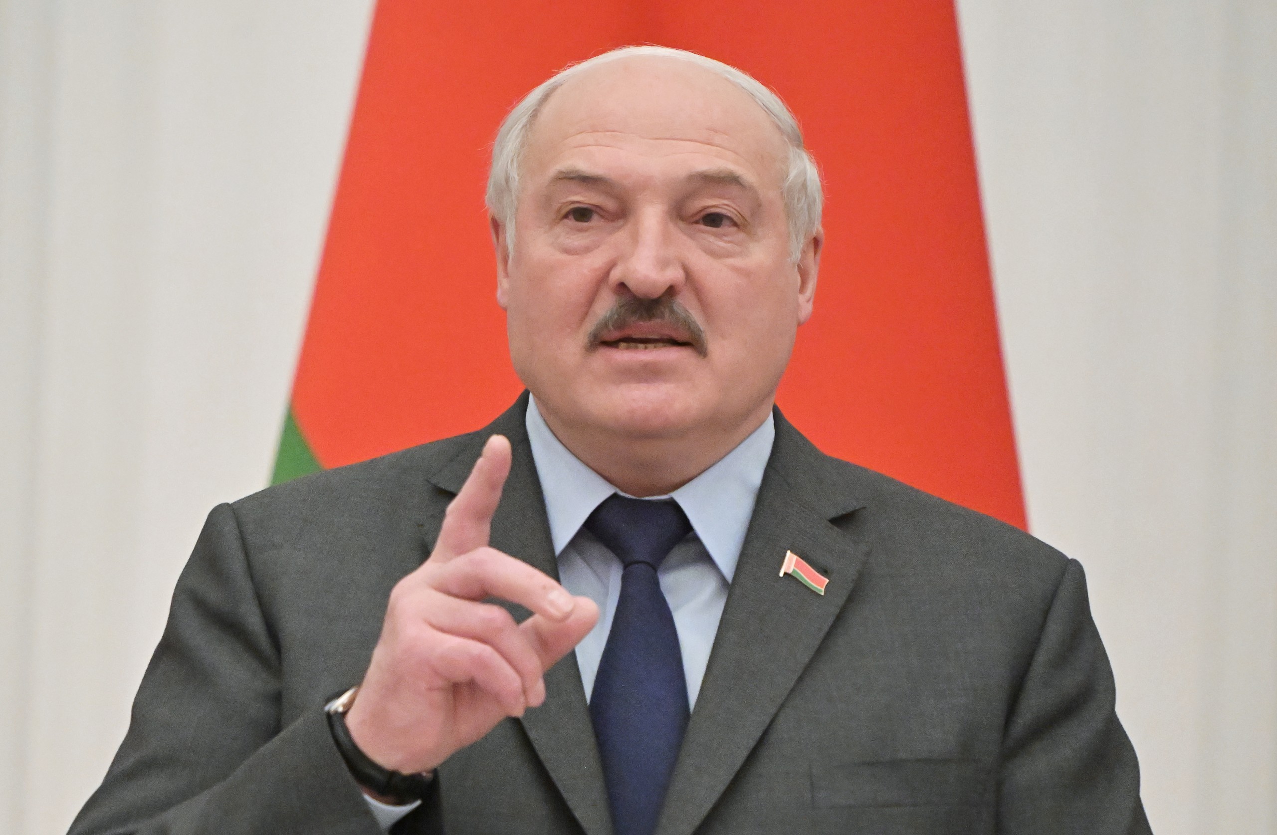 epa09769818 Belarusian President Alexander Lukashenko speaks during a joint press conference with Russian President Vladimir Putin (not pictured)  following their talks at the Kremlin in Moscow, Russia, 18 February 2022. Belarusian President is on a working visit to Moscow.  EPA/SERGEY GUNEEV / SPUTNIK / KREMLIN POOL MANDATORY CREDIT