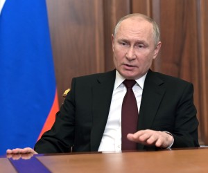 epa09776105 Russian President Vladimir Putin addresses the Russian Nation on what is happening in the Donbass and on the border with Ukraine in Moscow, Russia, 21 February 2022. The heads of the self-proclaimed Donetsk People's Republic (DPR) and the Luhansk People's Republic (LPR) asked the President of Russia to recognize the self-proclaimed republics. This issue was discussed at a meeting of the Security Council of the Russian Federation, Vladimir Putin appealed to the Federal Assembly of the Russian Federation to ratify the treaty of friendship and mutual assistance with the DPR-LPR. Putin  signed decrees on the recognition of the self-proclaimed Donetsk People's Republic (DPR) and the Luhansk People's Republic (LPR).  EPA/ALEKSEY NIKOLSKYI/SPUTNIK/KREMLIN POOL / POOL