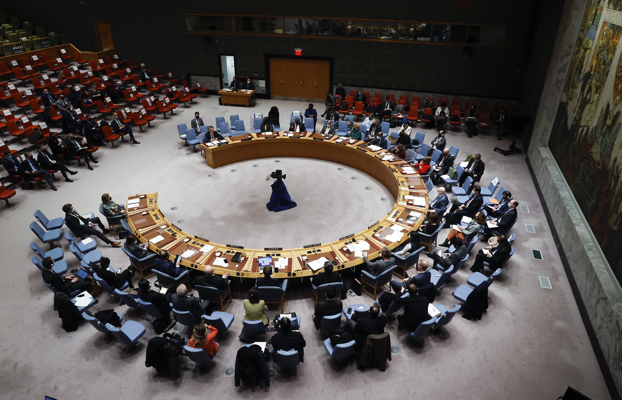 epa09776360 Ukraine Ambassador to the United Nations Sergiy Kyslytsya addresses an emergency meeting of the UN Security Council on the situation between Ukraine and Russia at United Nations headquarters in New​ York, New York, USA, 21 February 2022.  EPA/JASON SZENES