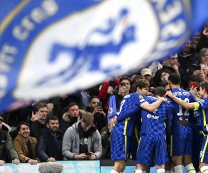 epa09777571 Players of Chelsea celebrate the 2-0 goal during the UEFA Champions League round of 16, first leg soccer match between Chelsea FC and Lille OSC (LOSC) in London, Britain, 22 February 2022.  EPA/Andy Rain