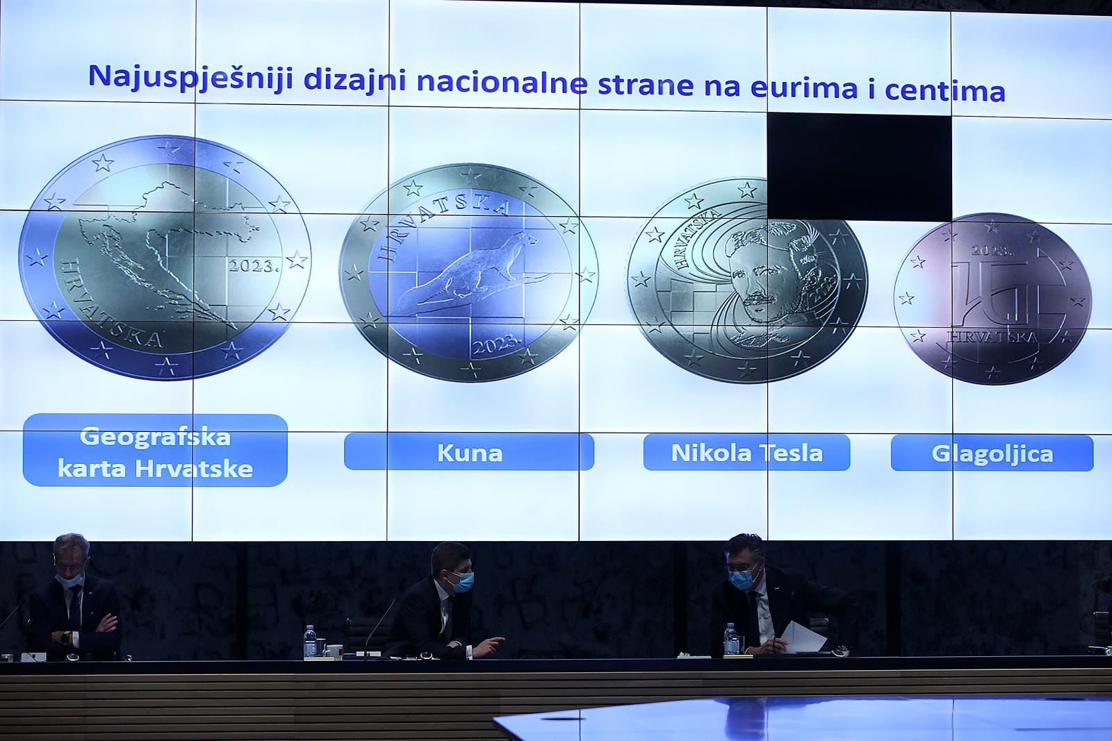 04.02.2022., Zagreb - U Nacionalnoj i sveucilisnoj knjiznici predsjednik Vlade Andrej Plenkovic predsjedao je 14. sjednicom Nacionalnog vijeca za uvodjenje eura kao sluzbene valute u Republici Hrvatskoj. Na danasnjoj sjednici predstavljen je odabrani dizajni nacionalne strane hrvatskih kovanica eura i centa. Uz premijera Andreja Plenkovica, ministra Zdravka Marica, guvernera HNB Borisa Vujcica, te predstojnika ureda premijera Zvonimira Frku-Petesica koji su predstavili kovanice, sjednici su prisustvovali i dizajneri kovanica, Ivan Sivak, Stjepan Pranjkovic, Ivan Domagoj Racic, Maja Skripelj.  Photo: Goran Stanzl/PIXSELL
