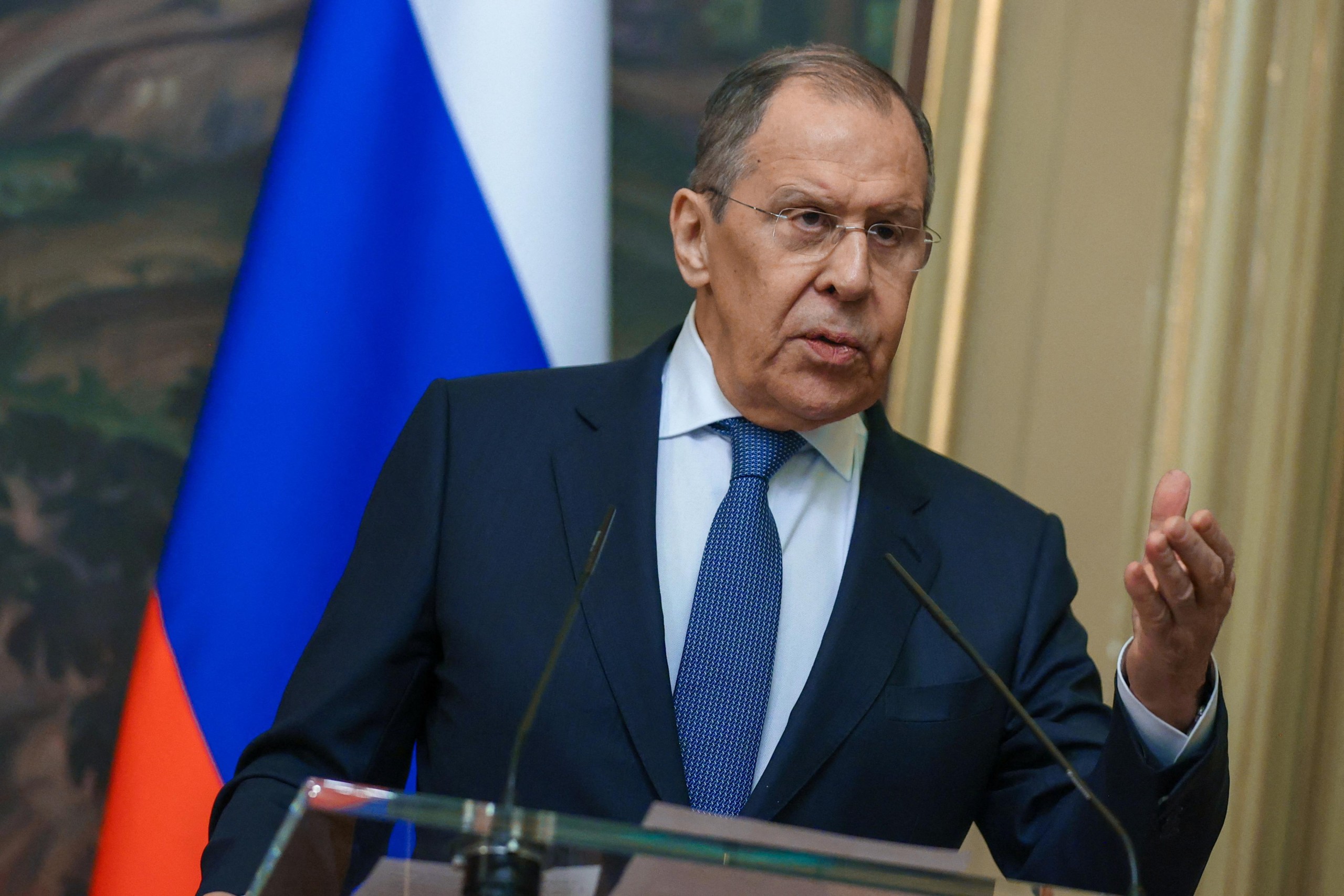 Russian Foreign Minister Sergei Lavrov attends a joint news conference with British Foreign Secretary Liz Truss in Moscow, Russia February 10, 2022. Russian Foreign Ministry/Handout via REUTERS ATTENTION EDITORS - THIS IMAGE HAS BEEN SUPPLIED BY A THIRD PARTY. NO RESALES. NO ARCHIVES. MANDATORY CREDIT. Photo: Russian Foreign Ministry/REUTERS