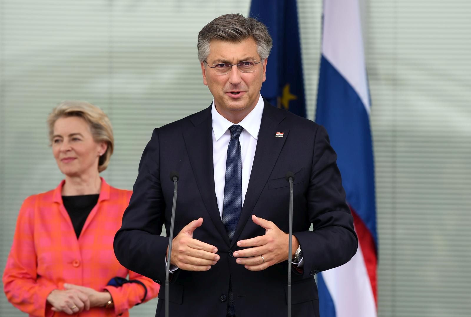 08.07.2021., Sveta Nedelja - rPredsjednik Vlade Plenkovic i predsjednica Europske komisije Ursula von der Leyen posjetili su  tvrtku Rimac Automobili d.o.o. u Svetoj Nedelji nakon cega su se obratili medijima.rPhoto: Josip Regovic/PIXSELL