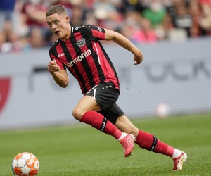 Leverkusen's Florian Wirtz plays the ball during the German Bundesliga soccer match between Bayer Leverkusen and Borussia Dortmund in Leverkusen, Germany, Saturday, Sept. 11, 2021. (AP Photo/Martin Meissner)