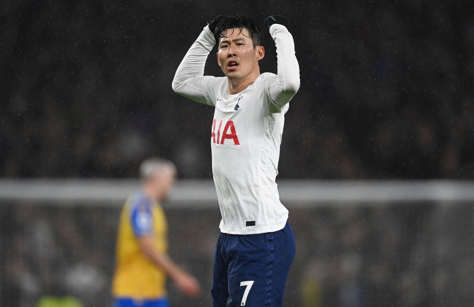 epa09742038 Tottenham Hotspur's Son Heung-Min celebrates after scoring the 2-1 goal during the English Premier League soccer match between Tottenham Hotspur and Southampton FC at the Tottenham Hotspur Stadium in London, Britain, 09 February 2022.  EPA/NEIL HALL No use with unauthorized audio, video, data, fixture lists, club/league logos or 'live' services. Online in-match use limited to 120 images, no video emulation. No use in betting, games or single club/league/player publications.
