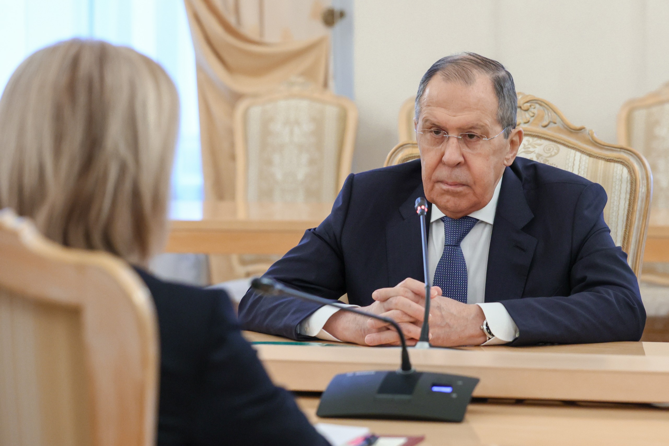 epa09743425 A handout photo made available by the press service of the Russian Foreign Affairs Ministry shows Russian Foreign Minister Sergei Lavrov (R) attending talks with British Foreign Secretary Elizabeth Truss in Moscow, Russia, 10 February 2022. The British Foreign Secretary is on a working visit to Moscow to discuss the Ukraine crisis.  EPA/RUSSIAN FOREIGN AFFAIRS MINISTRY HANDOUT MANDATORY CREDIT HANDOUT EDITORIAL USE ONLY/NO SALES