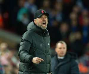 epa09745008 Liverpool's manager Juergen Klopp reacts during the English Premier League soccer match between Liverpool and Leicester City at the Anfield, Liverpool, Britain, 10 February 2022.  EPA/PETER POWELL EDITORIAL USE ONLY. No use with unauthorized audio, video, data, fixture lists, club/league logos or 'live' services. Online in-match use limited to 120 images, no video emulation. No use in betting, games or single club/league/player publications