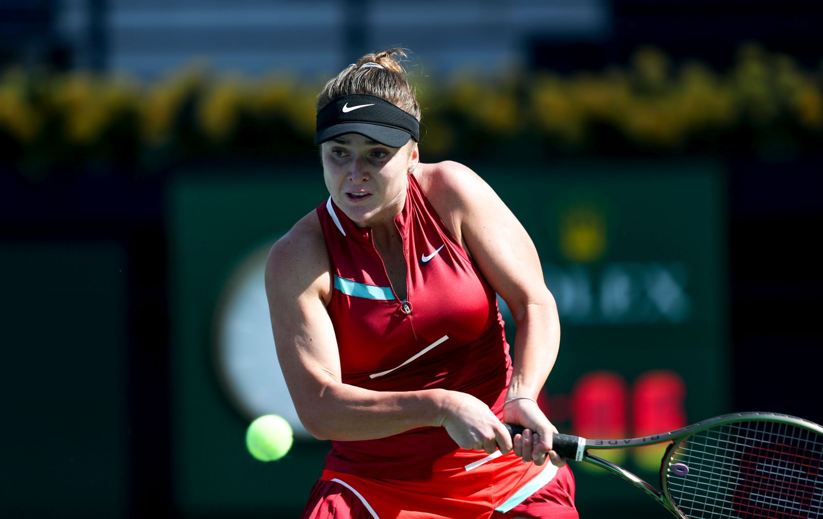 epa09761802 Elina Svitolina of Ukraine in action during her second round match against Jil Teichmann of Switzerland at the Dubai Duty Free Tennis WTA Championships 2022 in Dubai, United Arab Emirates, 16 February 2022.  EPA/ALI HAIDER