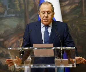 epa09768965 Russian Foreign Minister Sergei Lavrov attends a joint news conference with the Greek Foreign Minister (not pictured) following their talks in Moscow, Russia, 18 February 2022. Greek Foreign Minister is on a working visit to Moscow.  EPA/MAXIM SHEMETOV / POOL