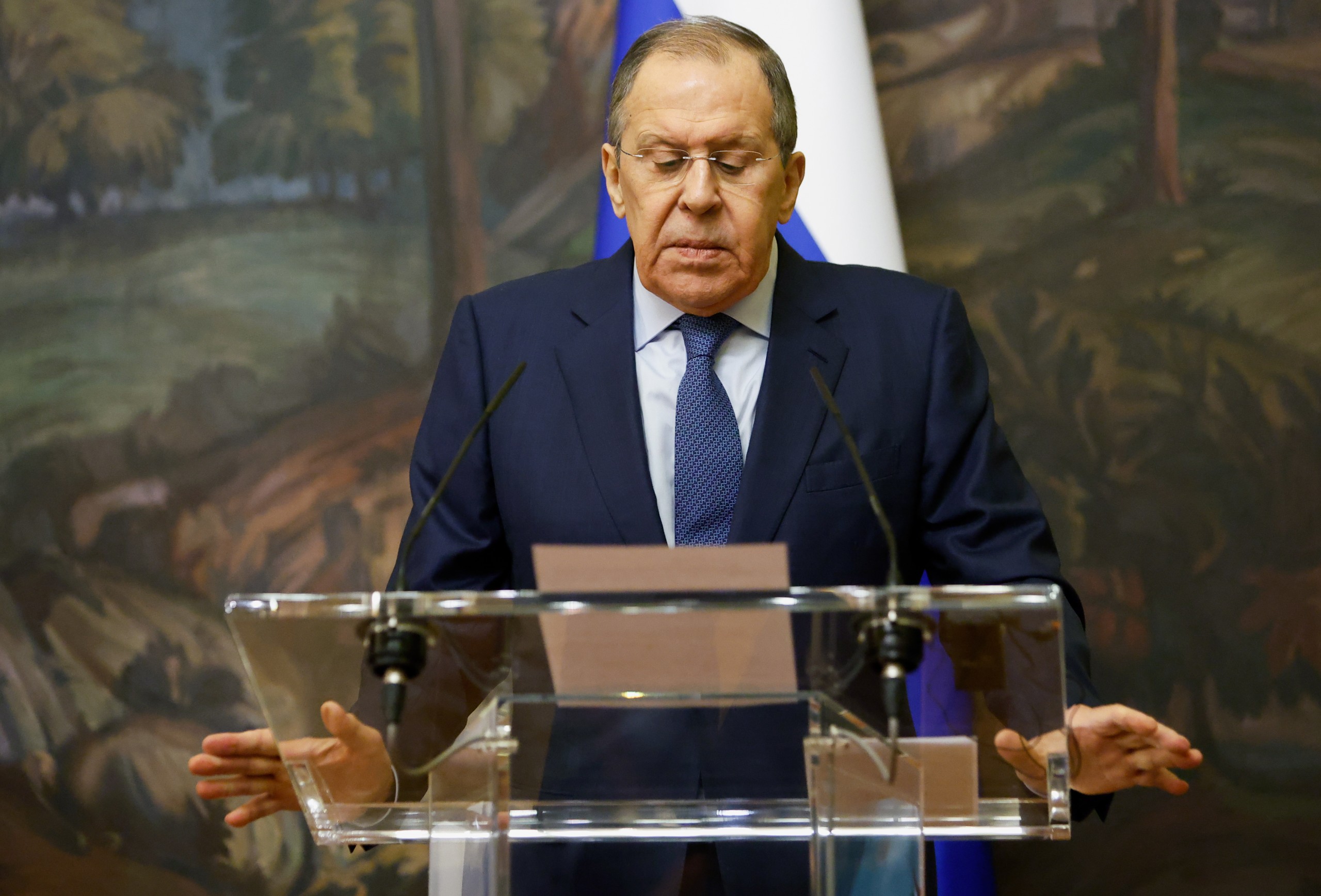 epa09768965 Russian Foreign Minister Sergei Lavrov attends a joint news conference with the Greek Foreign Minister (not pictured) following their talks in Moscow, Russia, 18 February 2022. Greek Foreign Minister is on a working visit to Moscow.  EPA/MAXIM SHEMETOV / POOL