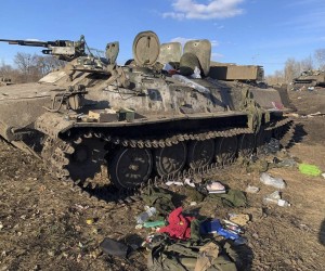 epa09781151 A handout photo made available by the Ukrainian Defence Ministry press service shows burned Russian APC near of Kharkiv, Ukraine, 24 February 2022. Russian troops entered Ukraine on 24 February prompting the country's president to declare martial law.  EPA/UKRAINIAN DEFENCE MINISTRY PRESS SERVICE / HANDOUT  HANDOUT EDITORIAL USE ONLY/NO SALES