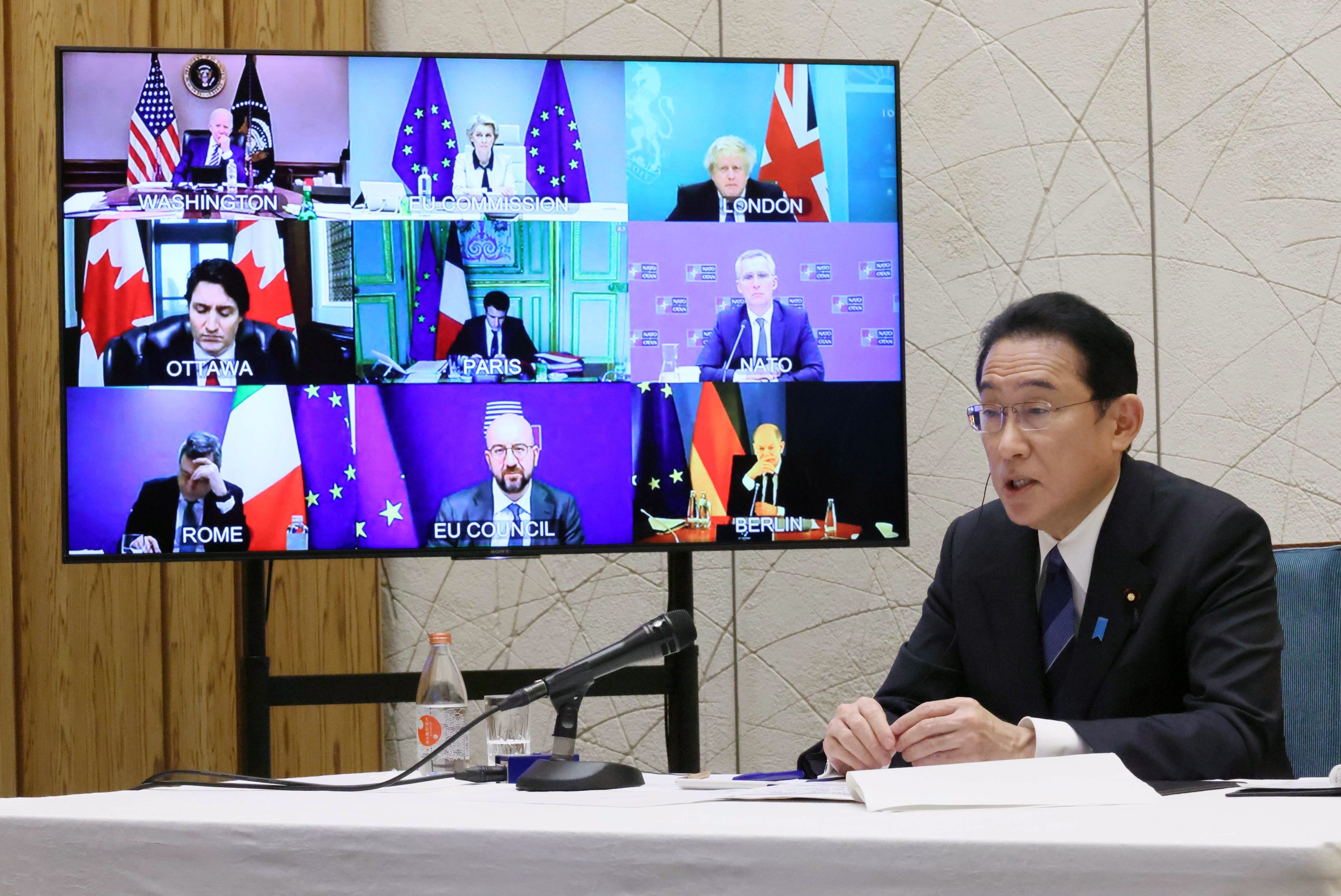 epa09782642 A handout photo made available by the Cabinet Public Relations Office via Jiji Press, Japan’s Prime Minister Fumio Kishida speaks during a video-conference of G7 leaders on Ukraine, at the prime minister's office in Tokyo, Japan, late 24 February 2022. G7 leaders strongly condemned Russia's invasion of Ukraine.  EPA/JAPAN'S CABINET PUBLIC RELATIONS OFFICE HANDOUT JAPAN OUT HANDOUT EDITORIAL USE ONLY/NO SALES/NO ARCHIVES