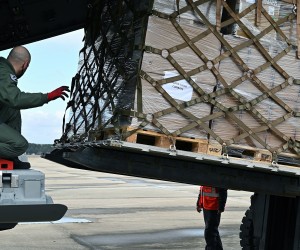 epa09788792 Military material is cargoed to be sent to Poland from the military airport of Torrejon de Ardoz, Madrid, Spain, 27 February 2022.  EPA/FERNANDO VILLAR