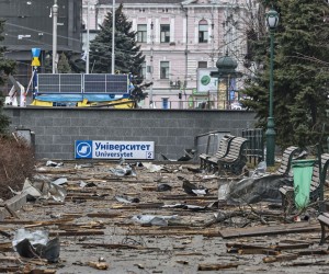 epa09793340 Aftermath of a Russian shelling in downtown Kharkiv, Ukraine, 01 March 2022. Russian troops entered Ukraine on 24 February prompting the country's president to declare martial law and triggering a series of announcements by Western countries to impose severe economic sanctions on Russia.  EPA/SERGEY KOZLOV