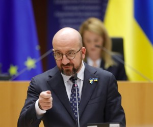 epa09793616 European Council President Charles Michel gives a statement during an extraordinary Plenary session debating on the 'Russian aggression against Ukraine' at the European Parliament in Brussels, Belgium, 01 March 2022. MEPs will debate 'Russia's invasion of Ukraine' and vote on a related resolution.  EPA/STEPHANIE LECOCQ