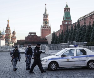 epa09793942 Police on patrol in Red Square in Moscow, Russia, 01 March 2022. Russian troops entered Ukraine on 24 February prompting the country's president to declare martial law and triggering a series of severe economic sanctions imposed by Western countries on Russia. Starting from 28 February, the Central Bank of Russia decided to increase the key rate to 20 percent per annum, in an attempt to ensure financial and price stability.  EPA/YURI KOCHETKOV
