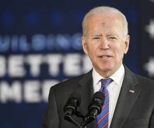 epa09797678 US President President Joe Biden, with his forehead smudged with ash on Ash Wednesday, speaks about the one trillion US dollars infrastructure bill at the University of Wisconsin-Superior, in Superior, Wisconsin, USA, 02 March 2022.  EPA/CRAIG LASSIG