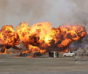 epa09805579 Fires during a military exercise show 'Union Fortress 8' as part of EXPO 2020 Dubai in Gulf Emirates of Dubai, United Arab Emirates, 06 March 2022.  EPA/ALI HAIDER