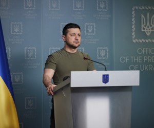 epa09808748 A handout photo made available by the Presidential press service shows Ukrainian President Volodymyr Zelensky giving his address to Ukrainians in Kyiv (Kiev), Ukraine, 07 March 2022. Russian troops entered Ukraine on 24 February prompting the country's president to declare martial law and triggering a series of announcements by Western countries to impose severe economic sanctions on Russia.  EPA/PRESIDENTIAL PRESS SERVICE HANDOUT  HANDOUT EDITORIAL USE ONLY/NO SALES