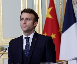 epa09809391 French President Emmanuel Macron attends a video-conference with German Chancellor Olaf Scholz and Chinese President Xi Jinping to discuss the Ukraine crisis at the Elysee Palace in Paris, France, 08 March 2022. Russian troops entered Ukraine on 24 February prompting the country's president to declare martial law and triggering a series of announcements by Western countries to impose severe economic sanctions on Russia.  EPA/BENOIT TESSIER / POOL  MAXPPP OUT