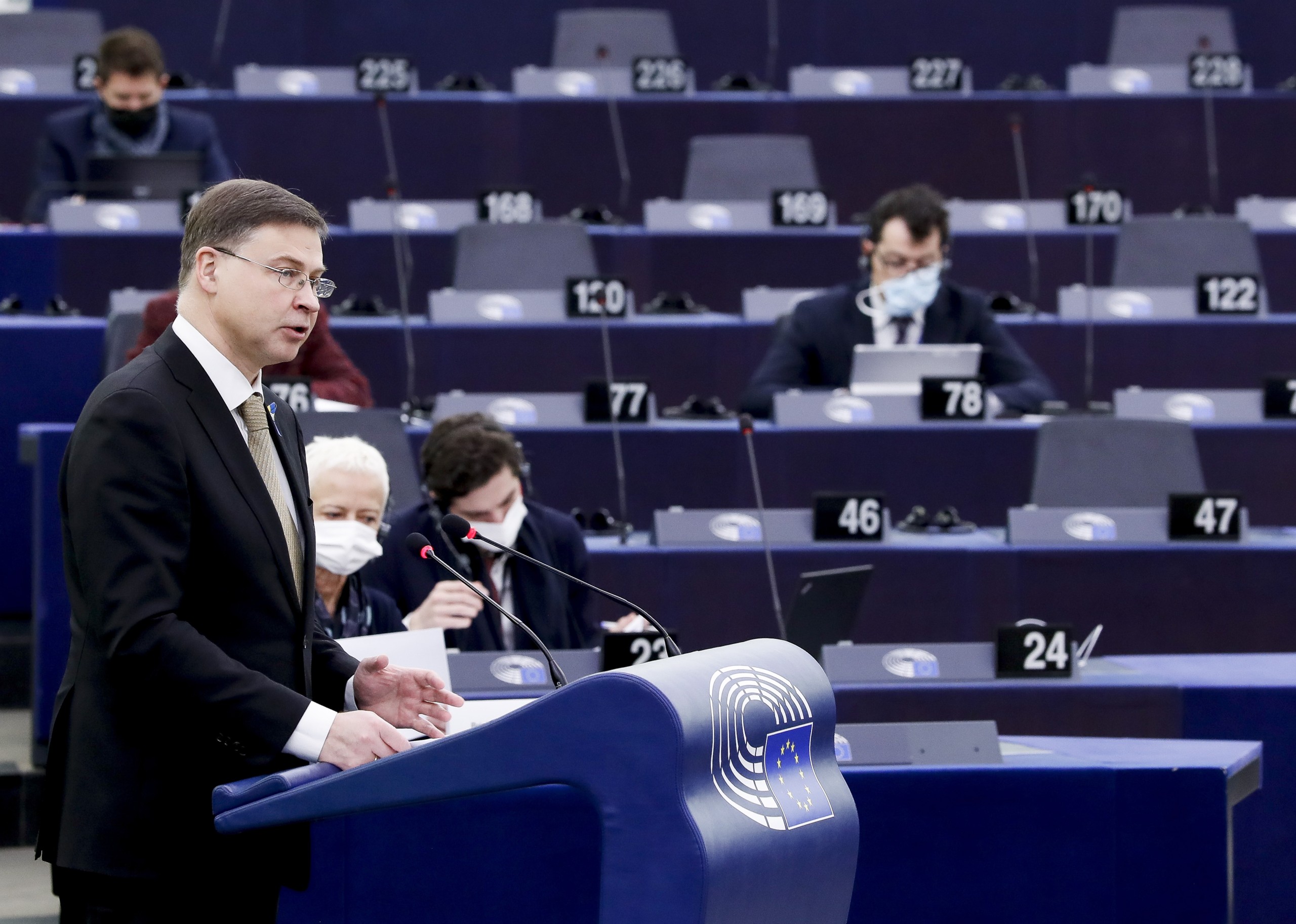 epa09811894 Valdis Dombrovskis, Executive Vice President of the European Commission for An Economy that Works for People, gives a statement on 'The European Semester for economic policy coordination: annual sustainable growth survey 2022', at the European Parliament in Strasbourg, France, 09 March 2022. The session of the European Parliament runs from 07 till 10 March.  EPA/JULIEN WARNAND