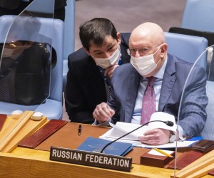 epa09817638 Russia's Ambassador to the U.N. Vassily Nebenzia (R) talks with Deputy Ambassador Dmitry Polyanskiy (L) before the start of a United Nations Security Council meeting related to Russia’s ongoing invasion of Ukraine at United Nations headquarters in New York, New York, USA, 11 March 2022. Russia requested a meeting to discuss what Moscow claims are ‘the military biological activities of the U.S. on the territory of Ukraine’ this allegation has not been backed up with evidence and has been refuted by the United States and Ukraine.  EPA/JUSTIN LANE