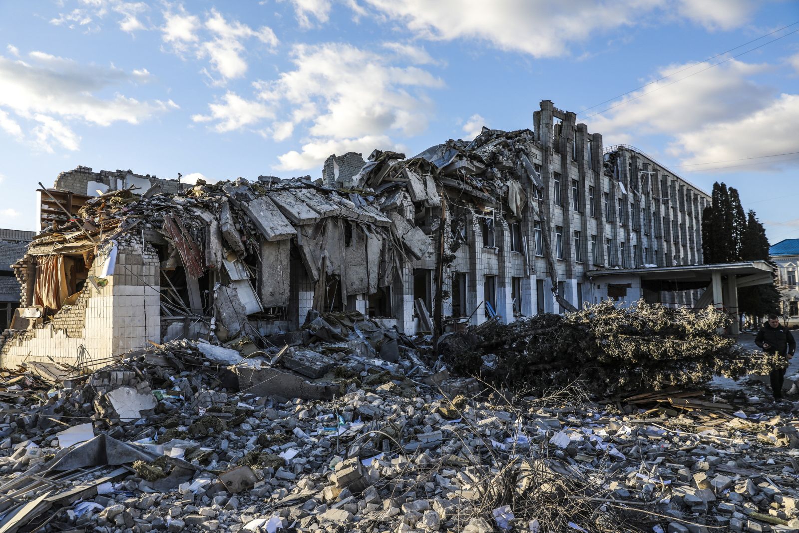 epa09818277 The main building that was destroyed by a bomb near the school number 25 in Zhytomyr, Ukraine, 11 March 2022. According to the United Nations refugee agency UNHCR, over 2.5 million people have fled Ukraine since the Russian invasion began on 24 February. Many, however, have decided to stay and fight.  EPA/MIGUEL A. LOPES