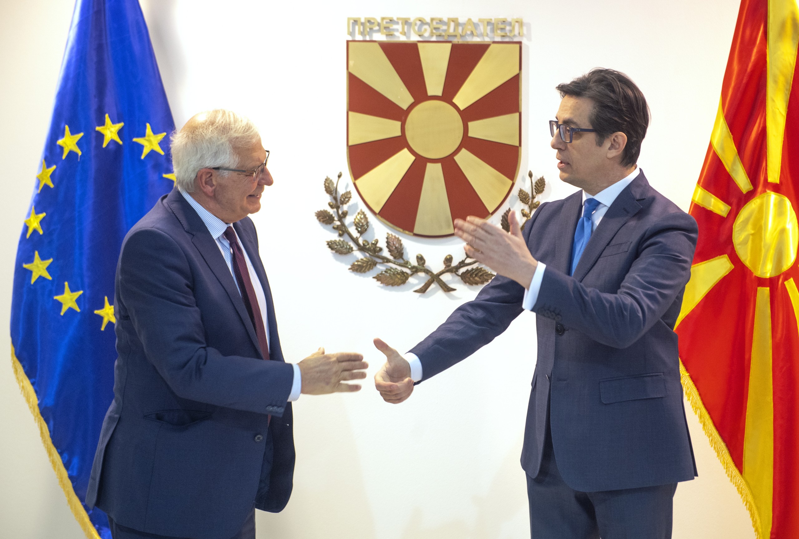 epa09823849 North Macedonia's President Stevo Pendarovski (R) welcomes High Representative of the European Union for Foreign Affairs and Security Policy Josep Borrell Fontelles (L) in Skopje, Republic of North Macedonia, 14 March 2022. Borrell arrived for a two days visit to North Macedonia.  EPA/GEORGI LICOVSKI