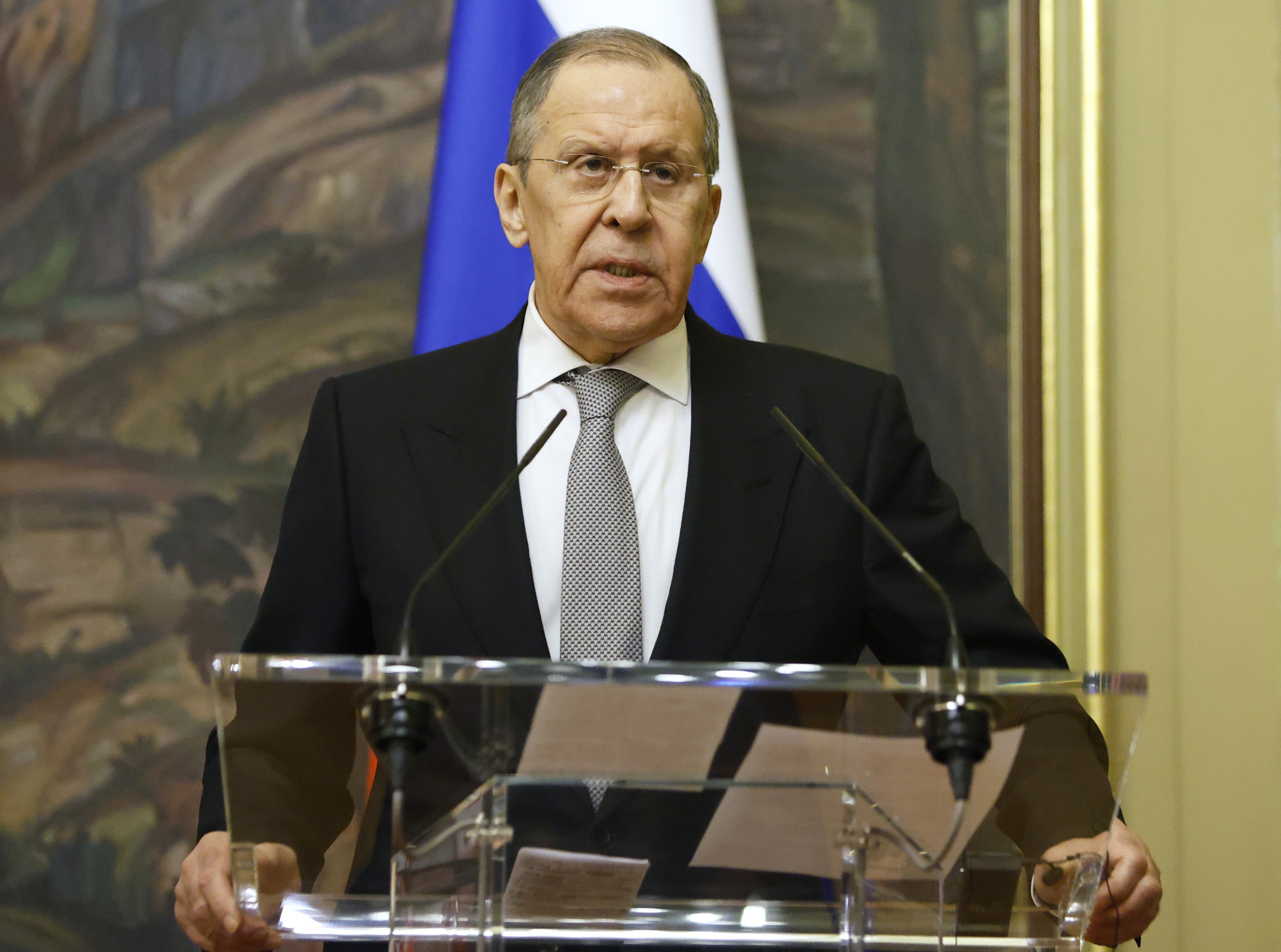 epa09826262 Russian Foreign Minister Sergei Lavrov attends a joint news conference with the Iranian Foreign Minister in Moscow, Russia, 15 March 2022. The Iranian Foreign Minister is on a working visit in Moscow.  EPA/MAXIM SHEMETOV / POOL