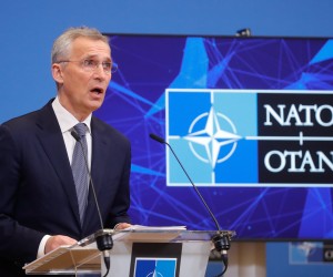 epa09826605 NATO Secretary General Jens Stoltenberg speaks during a pre-ministerial press conference at the Alliance headquarters in Brussels, Belgium, 15 March 2022. Meetings of the North Atlantic Council (NAC) at the level of Defence Ministers will be held at the NATO Headquarters on 16 march 2022.  EPA/STEPHANIE LECOCQ