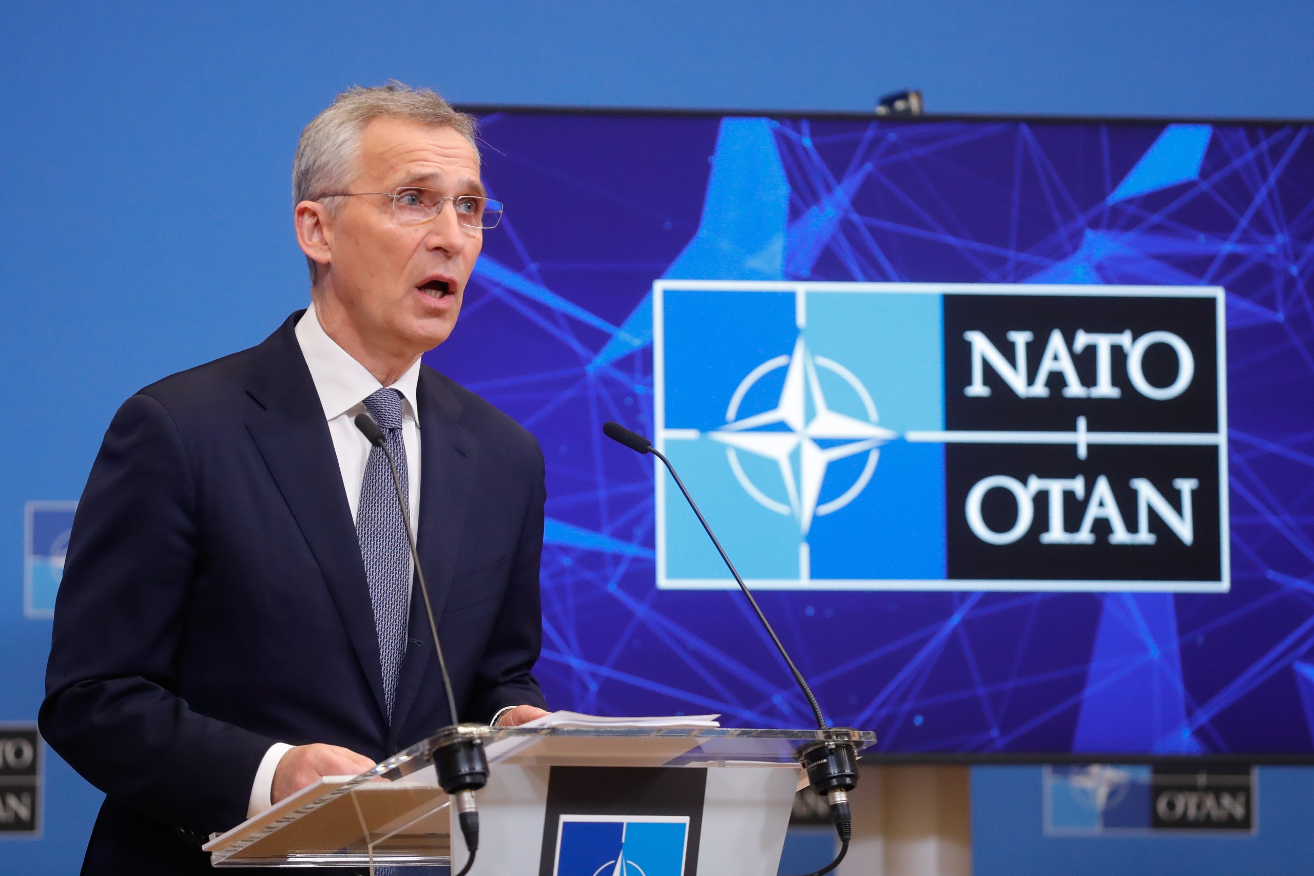 epa09826605 NATO Secretary General Jens Stoltenberg speaks during a pre-ministerial press conference at the Alliance headquarters in Brussels, Belgium, 15 March 2022. Meetings of the North Atlantic Council (NAC) at the level of Defence Ministers will be held at the NATO Headquarters on 16 march 2022.  EPA/STEPHANIE LECOCQ