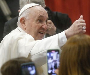 epa09828161 Pope Francis gestures during a meeting in St. Peter's Basilica before his weekly General Audience in Vatican City, 16 March 2022.  EPA/FABIO FRUSTACI