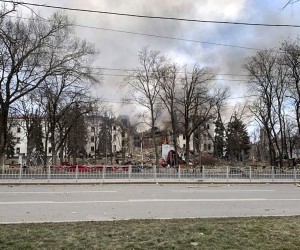 epa09830920 A handout photo made available by the Donetsk Regional Civil-Military Administration Council shows Donetsk Regional Theatre of Drama destroyed by an airstrike in Mariupol, Ukraine, 16 March 2022 (issued on 17 March 2022). Russians launched an air strike on the Drama Theater and the Neptune swimming pool in Mariupol, a press release by the Donetsk Regional State Administration states. Several hundred Mariupol residents were hiding in the Drama Theater and their fate remains unknown as the entrance to the bomb shelter is blocked by debris, the press statement reads further.  EPA/Donetsk Regional Civil-Military  HANDOUT EDITORIAL USE ONLY/NO SALES