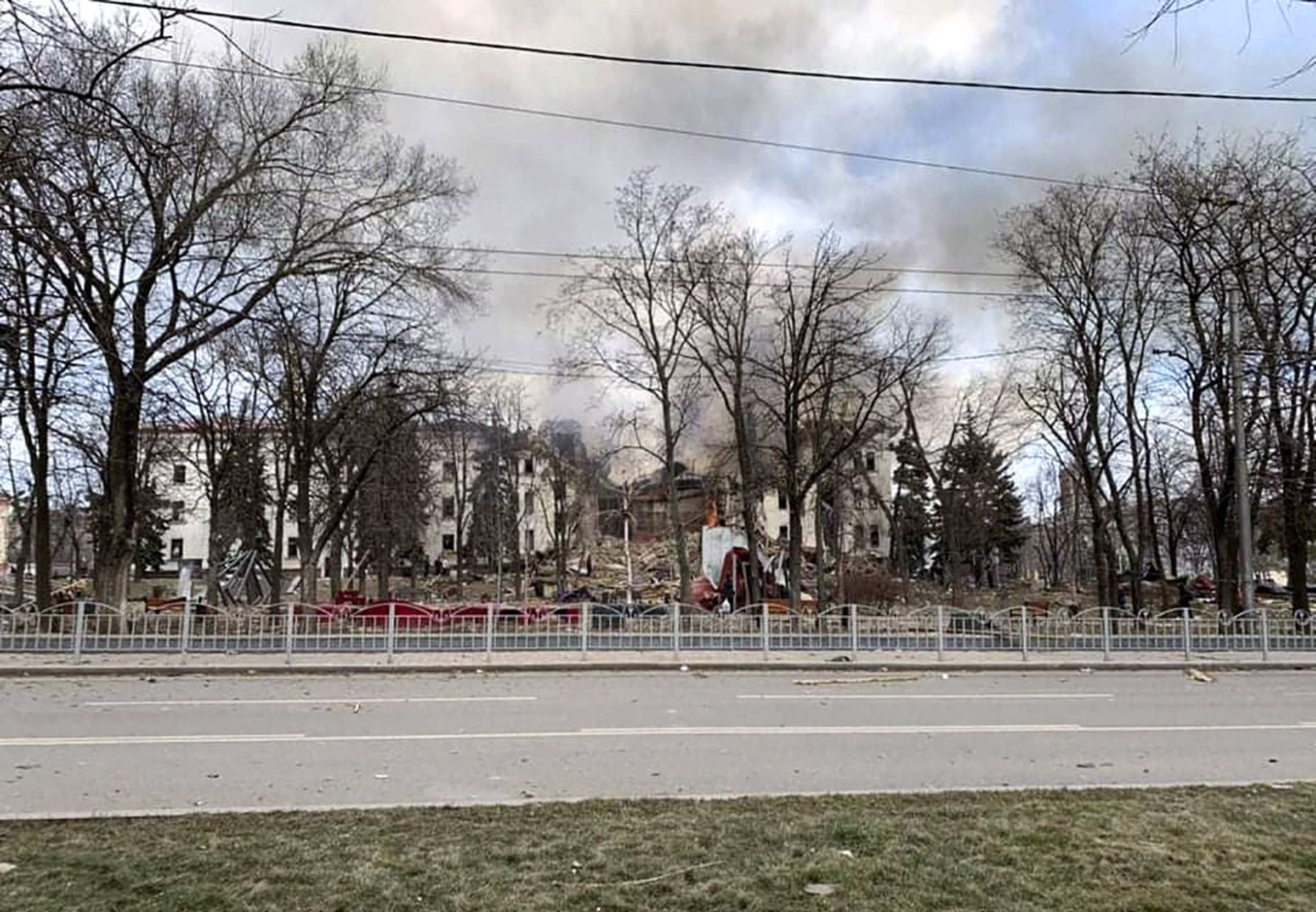 epa09830920 A handout photo made available by the Donetsk Regional Civil-Military Administration Council shows Donetsk Regional Theatre of Drama destroyed by an airstrike in Mariupol, Ukraine, 16 March 2022 (issued on 17 March 2022). Russians launched an air strike on the Drama Theater and the Neptune swimming pool in Mariupol, a press release by the Donetsk Regional State Administration states. Several hundred Mariupol residents were hiding in the Drama Theater and their fate remains unknown as the entrance to the bomb shelter is blocked by debris, the press statement reads further.  EPA/Donetsk Regional Civil-Military  HANDOUT EDITORIAL USE ONLY/NO SALES