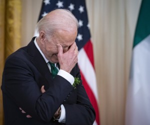 epa09832599 US President Joe Biden listens during a St. Patrick's Day event in the East Room of the White House in Washington, DC, USA, on 17 March 2022. Biden praised Ireland for taking in Ukrainian refugees during a Thursday meeting with Irish Prime Minister Micheal Martin that was hastily made virtual after the premier tested positive for Covid-19.  EPA/Al Drago / POOL