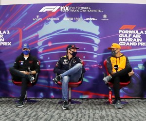 epa09833056 (from L) Monaco's Formula One driver Charles Leclerc of Scuderia Ferrari, German Formula One driver Mick Schumacher of Haas F1 Team, Dutch Formula One driver Max Verstappen of Red Bull Racing, British Formula One driver Lando Norris of McLaren F1 Team and Chinese Formula One driver Guanyu Zhou of Alfa Romeo during a press conference for the Formula One Grand Prix of Bahrain at the Bahrain International Circuit in Sakhir, Bahrain, 18 March 2022.  EPA/ALI HAIDER