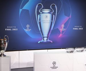 epa09833259 A handout photo made available by the UEFA of the stage before the UEFA Champions League 2021/22 quarter-finals and semi-finals draw at the UEFA headquarters, Nyon, Switzerland, 18 March 2022.  EPA/PIERRE ALBOUY / UEFA HANDOUT  HANDOUT EDITORIAL USE ONLY/NO SALES