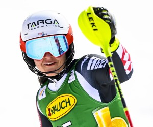 epa09835252 Zrinka Ljutic of Croatia reacts in the finish area during the first run of the women's Slalom race at the FIS Alpine Skiing World Cup finals in Meribel, France, 19 March 2022.  EPA/URS FLUEELER