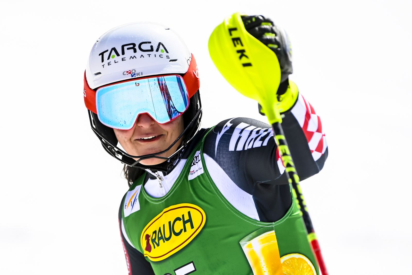 epa09835252 Zrinka Ljutic of Croatia reacts in the finish area during the first run of the women's Slalom race at the FIS Alpine Skiing World Cup finals in Meribel, France, 19 March 2022.  EPA/URS FLUEELER