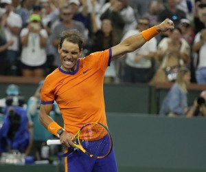 epa09837248 Rafael Nadal of Spain reacts after beating Carlos Alcaraz of Spain in the men's semifinal match during the BNP Paribas Open tennis tournament at the Indian Wells Tennis Garden in Indian Wells, California, USA, 19 March 2022. The tennis tournament runs from 07-20 March 2022.  EPA/RAY ACEVEDO