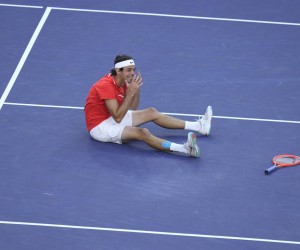 epa09839784 Taylor Fritz of the US reacts after defeating Rafael Nadal of Spain in the men's final match of the BNP Paribas Open tennis tournament at the Indian Wells Tennis Garden in Indian Wells, California, USA, 20 March 2022. The tournament runs from 07 through 20 March 2022.  EPA/RAY ACEVEDO