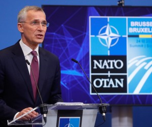 epa09844124 NATO Secretary General Jens Stoltenberg speaks during a press conference previewing an extraordinary NATO Summit at the Alliance headquarters in Brussels, Belgium, 23 March 2022. NATO summit will be held at the NATO Headquarters on 24 march 2022.  EPA/STEPHANIE LECOCQ