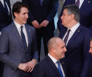 epa09845883 Canadian Prime Minister Justin Trudeau (L) and Croatian President Zoran Milanovic talk during a family picture for an extraordinary NATO Summit at the Alliance headquarters in Brussels, Belgium, 24 March 2022. NATO leaders will address the consequences of Russian President Putin's invasion of Ukraine, discuss the role of China in this crisis, and decide on the next steps to strengthen NATO's deterrence and defence.  EPA/STEPHANIE LECOCQ