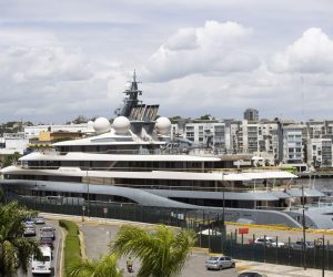 epa09849954 The luxury yacht "Flying Fox", which remains anchored in the Don Diego port, in Santo Domingo, Dominican Republic, 25 March 2022. Agents from the United States Homeland Security Investigations (HSI) office visited a luxury yacht linked to a Russian oligarch, which is anchored in the port of Santo Domingo on 25 March. During their inspection visit, the US agents were accompanied by officers from various Dominican agencies, according to videos broadcast by local media. The investigated ship, called 'Flying Fox', is one of the most luxurious pleasure yachts in the world and belongs to Russian businessman Dmitry Kamenshchik, owner of Moscow's Domodedovo airport.  EPA/Orlando Barria